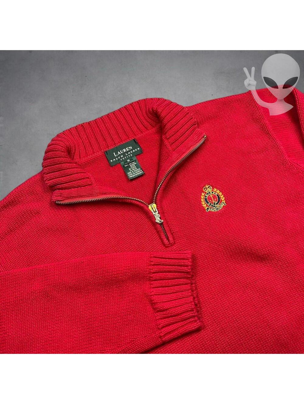 Lauren Ralph Lauren Knit Sweater Petite Medium Red Quarterzip Preppy Crest 90s - Picture 8 of 8